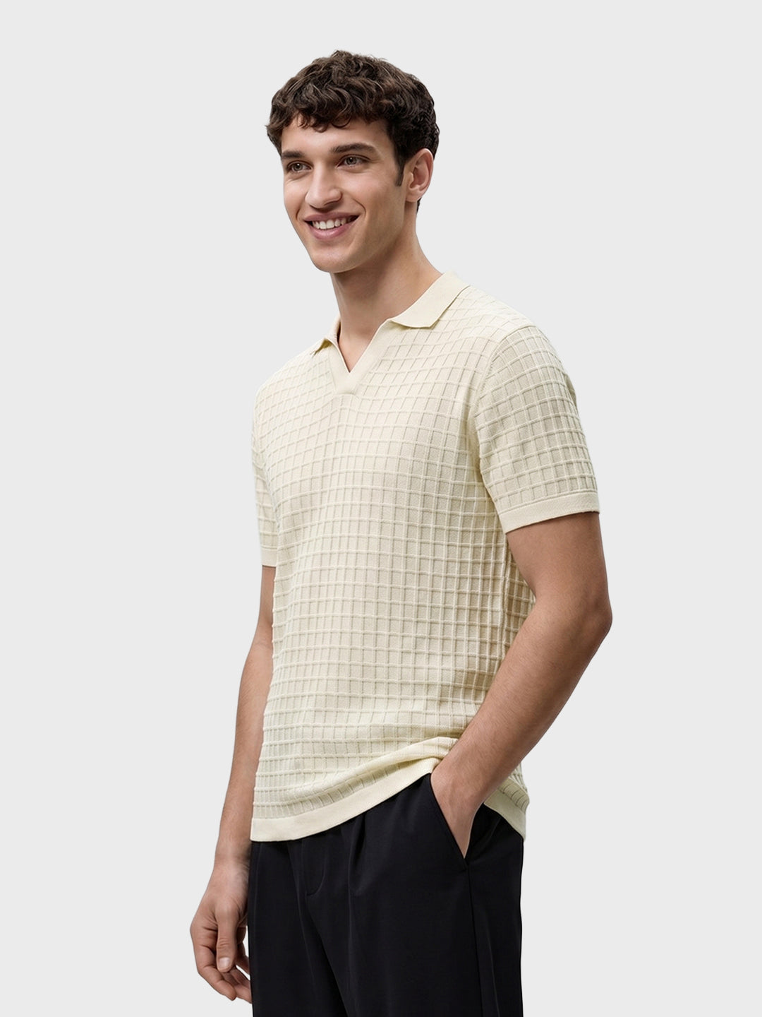 Men's Cream Slim Fit Solid Flat Knit Polos T-Shirts