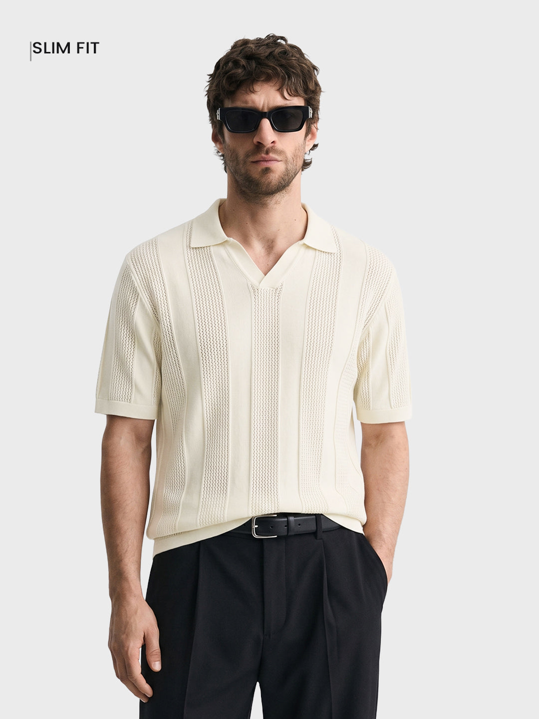 Men's White Slim Fit Solid Flat Knit Polos T-Shirt