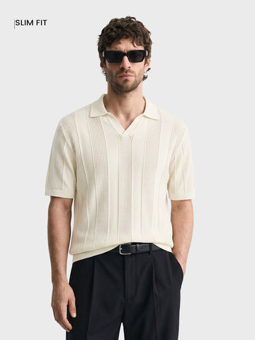 Men's White Slim Fit Solid Flat Knit Polos T-Shirt