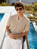 Men's Beige Slim Fit Solid Flat Knit Polo T-Shirt