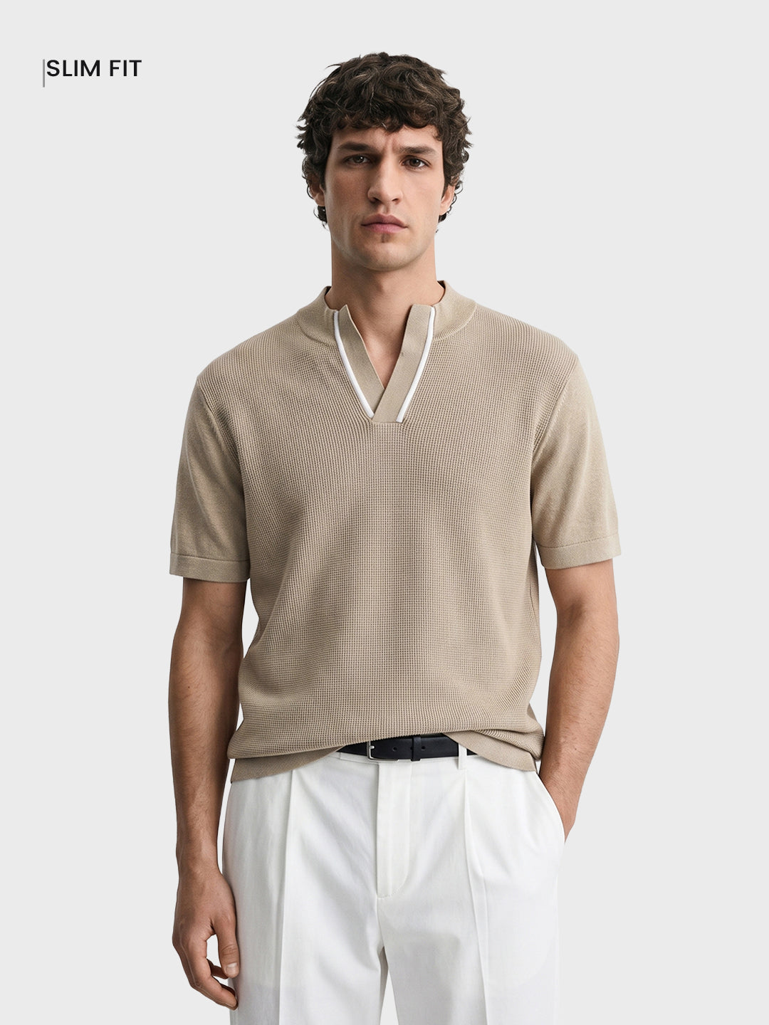 Men's Beige Slim Fit Solid Flat Knit Polo T-Shirt
