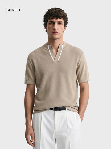 Men's Beige Slim Fit Solid Flat Knit Polo T-Shirt