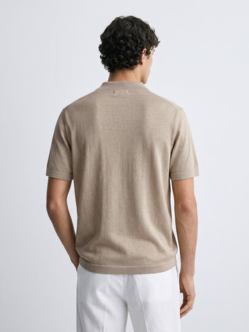 Men's Beige Slim Fit Solid Flat Knit Polo T-Shirt