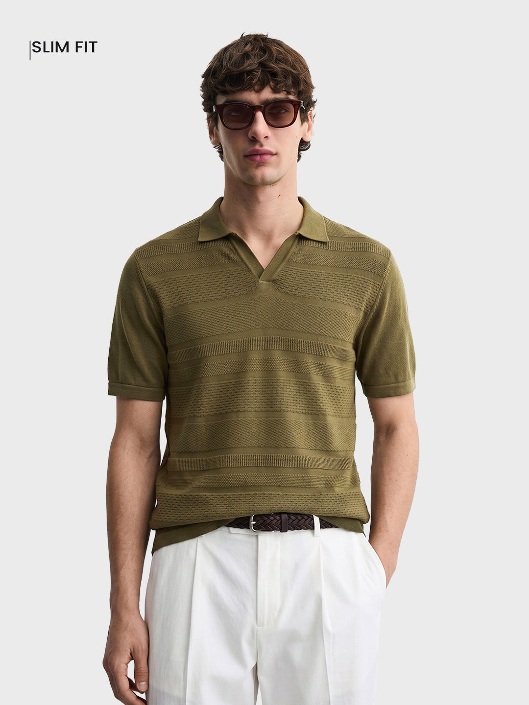 Men's Green Slim Fit Solid Textured Flat Knit Polos T-Shirt