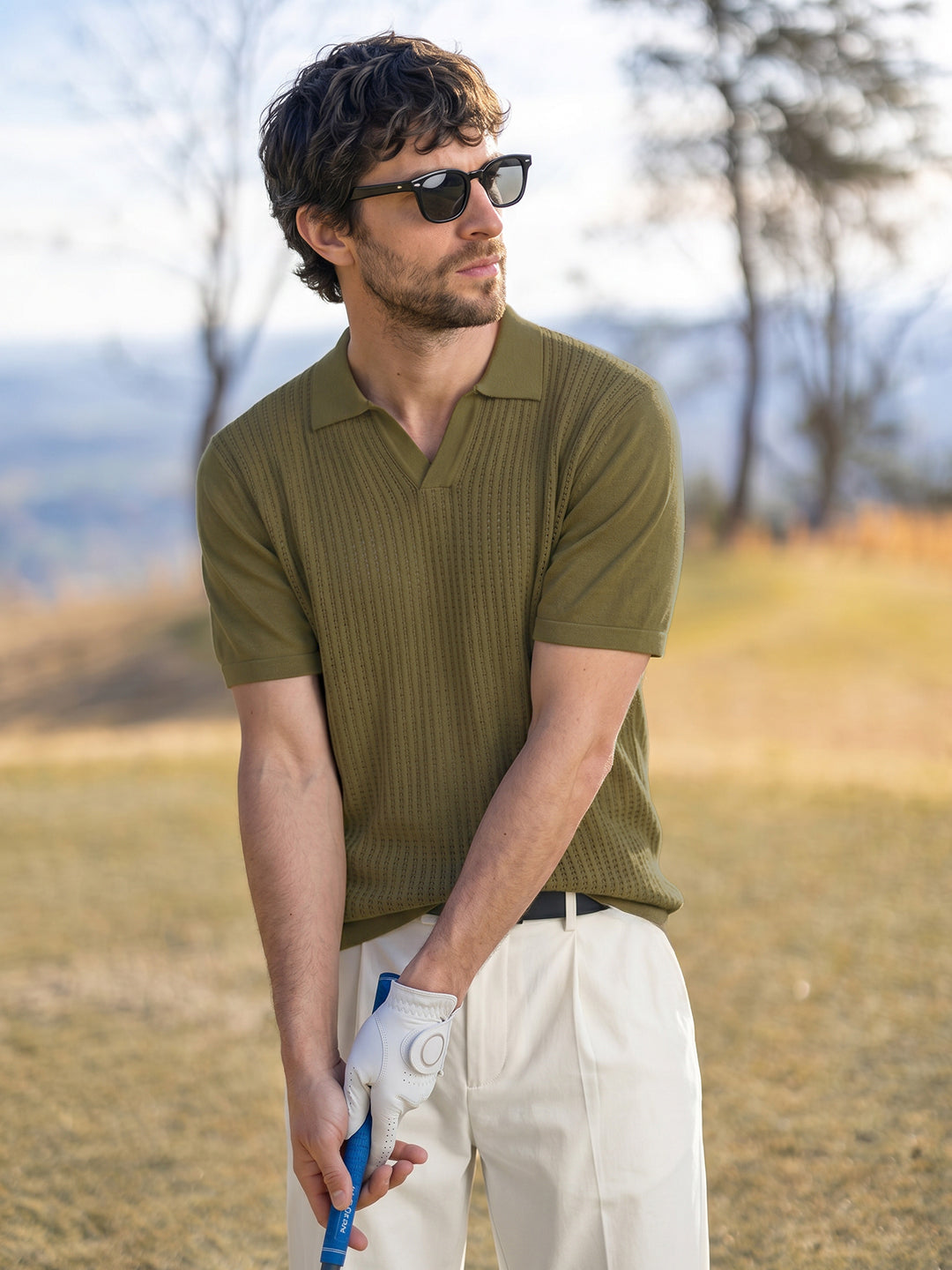 Men's Green Slim Fit Solid Flat Knit Polos T-Shirt