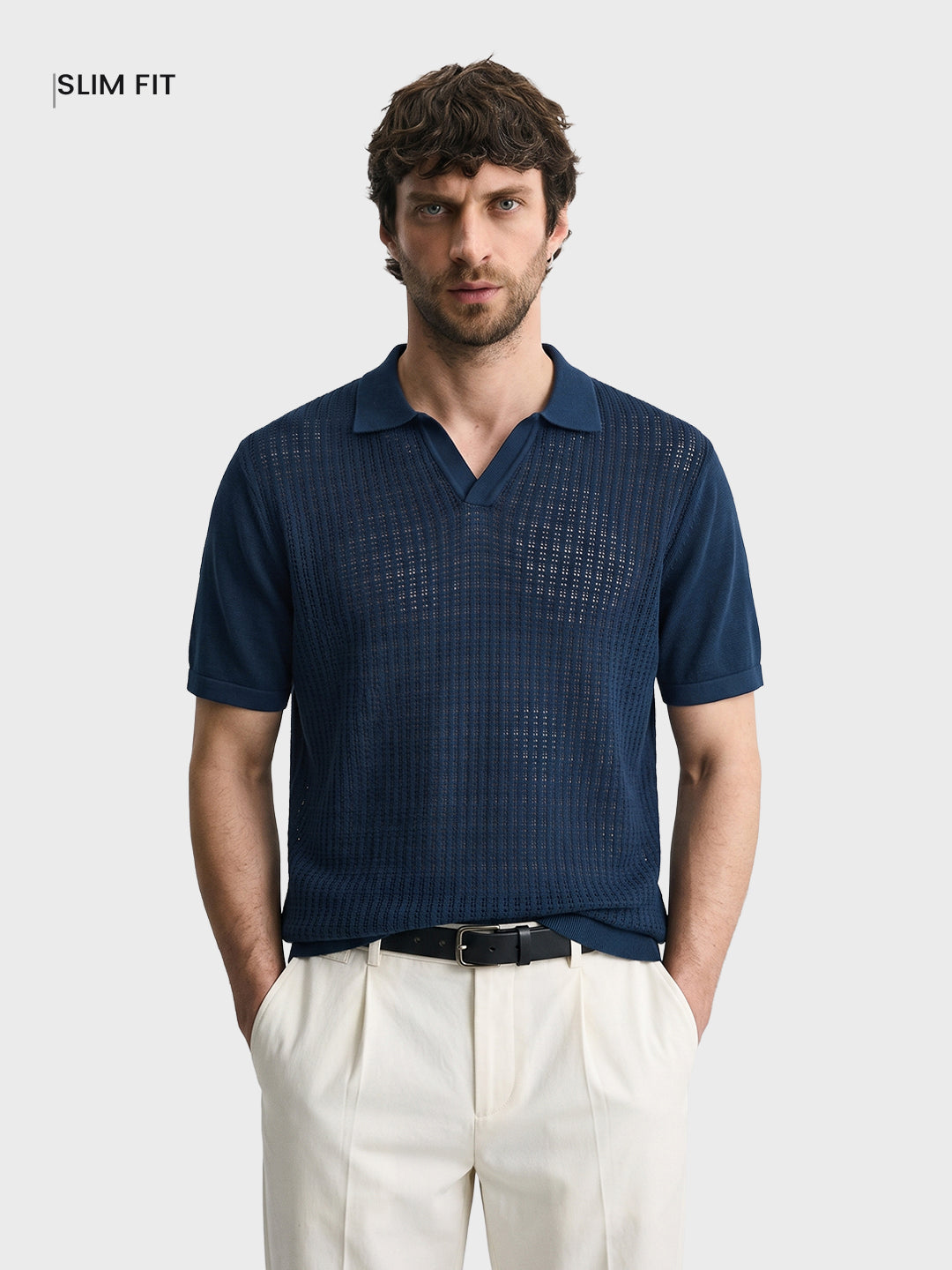 Men's Navy Slim Fit Solid Flat Knit Polos T-Shirt