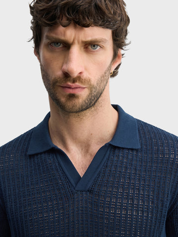 Men's Navy Slim Fit Solid Flat Knit Polos T-Shirt
