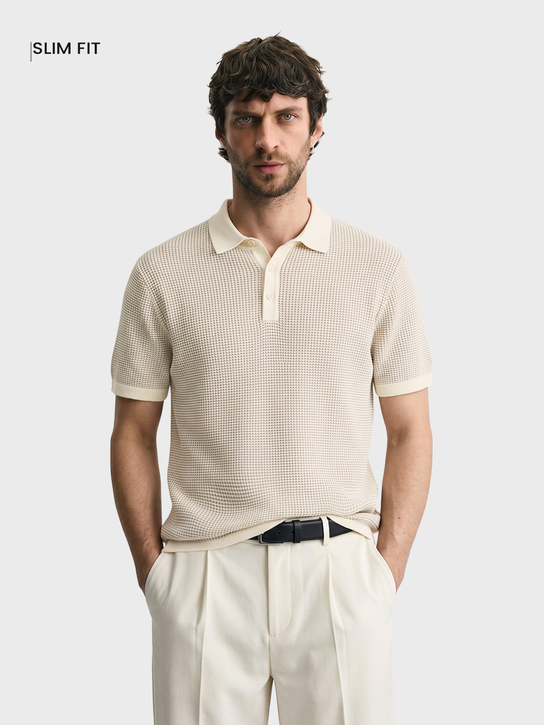 Men's Cream Slim Fit Solid Flat Knit Polo T-Shirt