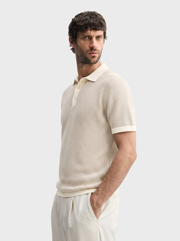 Men's Cream Slim Fit Solid Flat Knit Polo T-Shirt