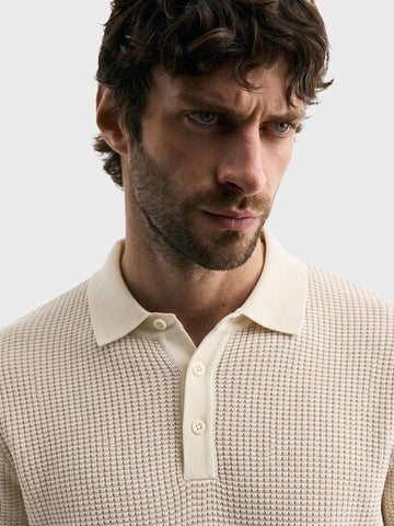Men's Cream Slim Fit Solid Flat Knit Polo T-Shirt