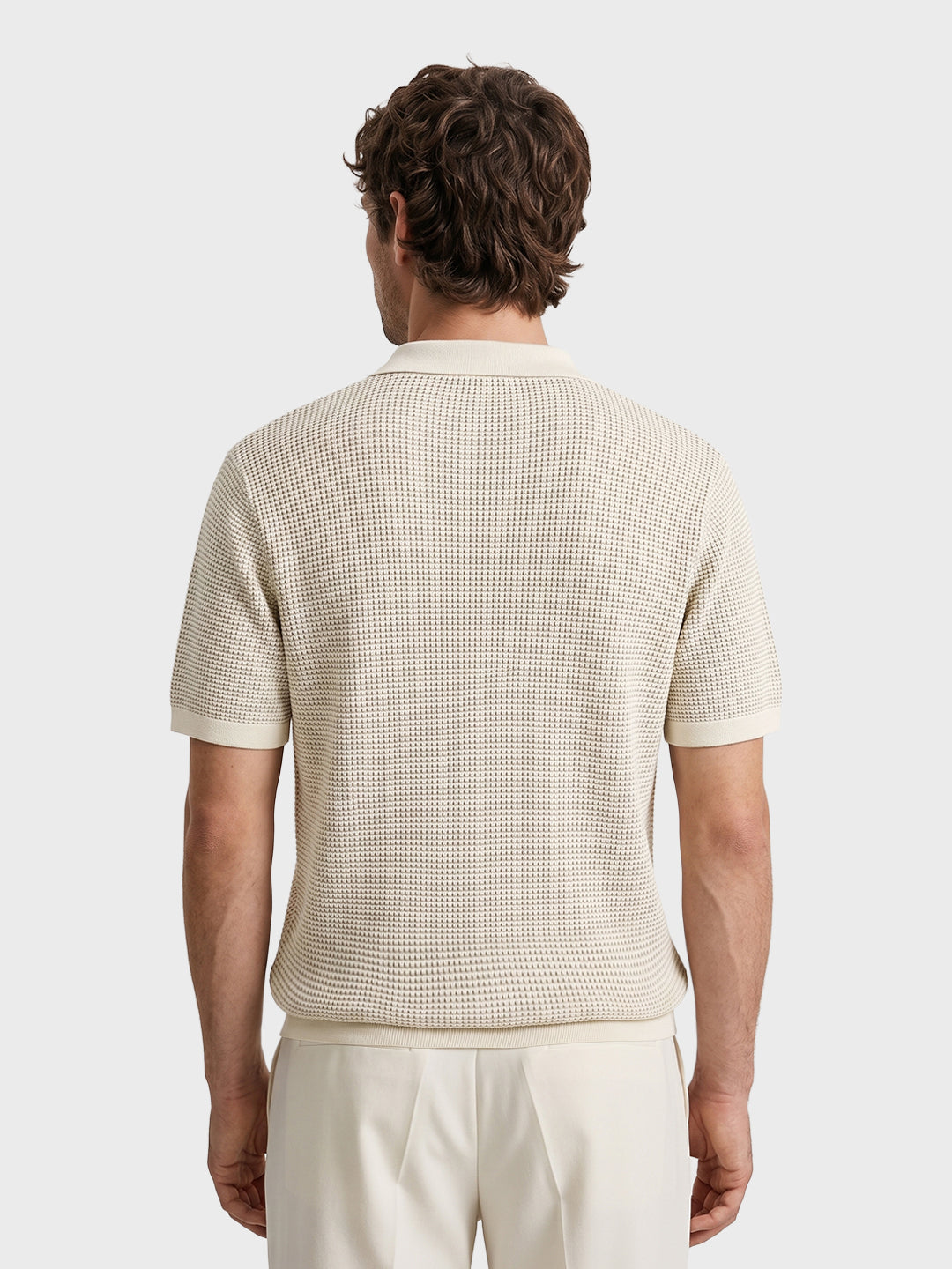Men's Cream Slim Fit Solid Flat Knit Polo T-Shirt
