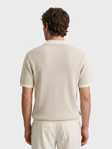 Men's Cream Slim Fit Solid Flat Knit Polo T-Shirt