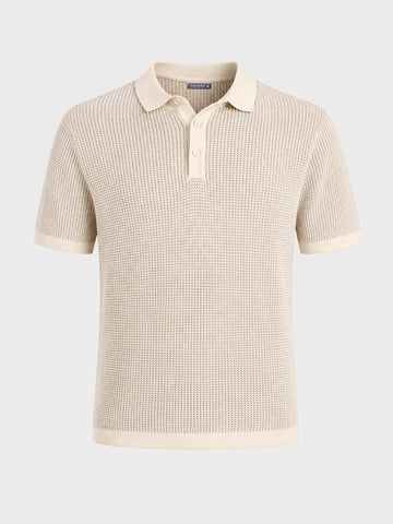 Men's Cream Slim Fit Solid Flat Knit Polo T-Shirt