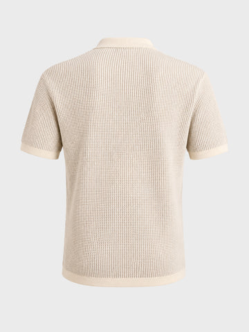Men's Cream Slim Fit Solid Flat Knit Polo T-Shirt