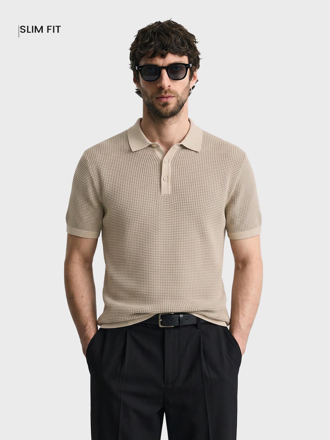 Men's Beige Slim Fit Solid Flat Knit Polo T-Shirt
