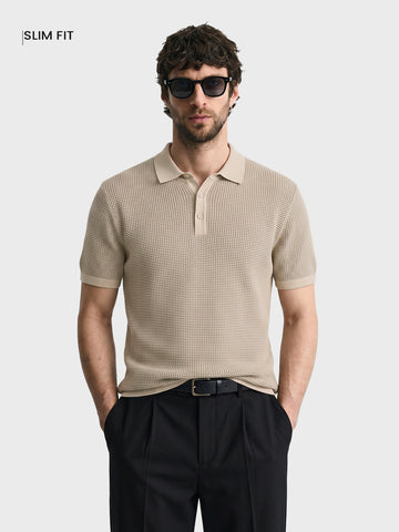 Men's Beige Slim Fit Solid Flat Knit Polo T-Shirt