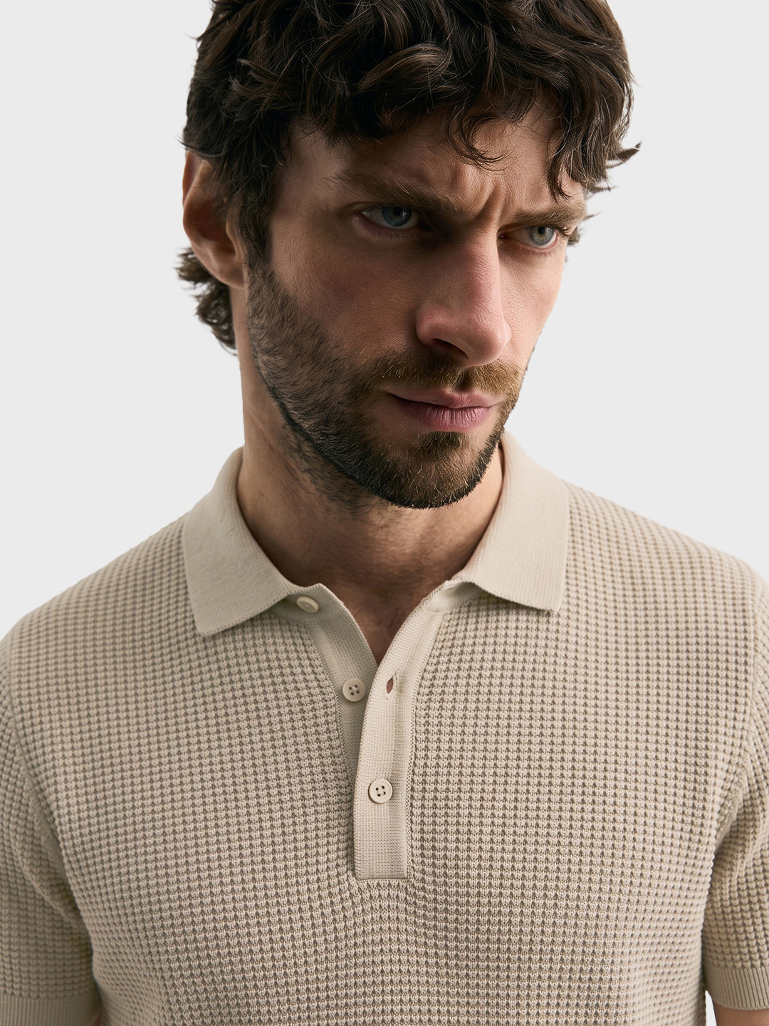 Men's Beige Slim Fit Solid Flat Knit Polo T-Shirt