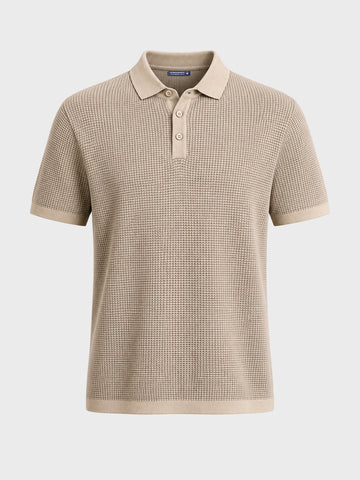 Men's Beige Slim Fit Solid Flat Knit Polo T-Shirt