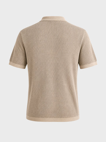 Men's Beige Slim Fit Solid Flat Knit Polo T-Shirt