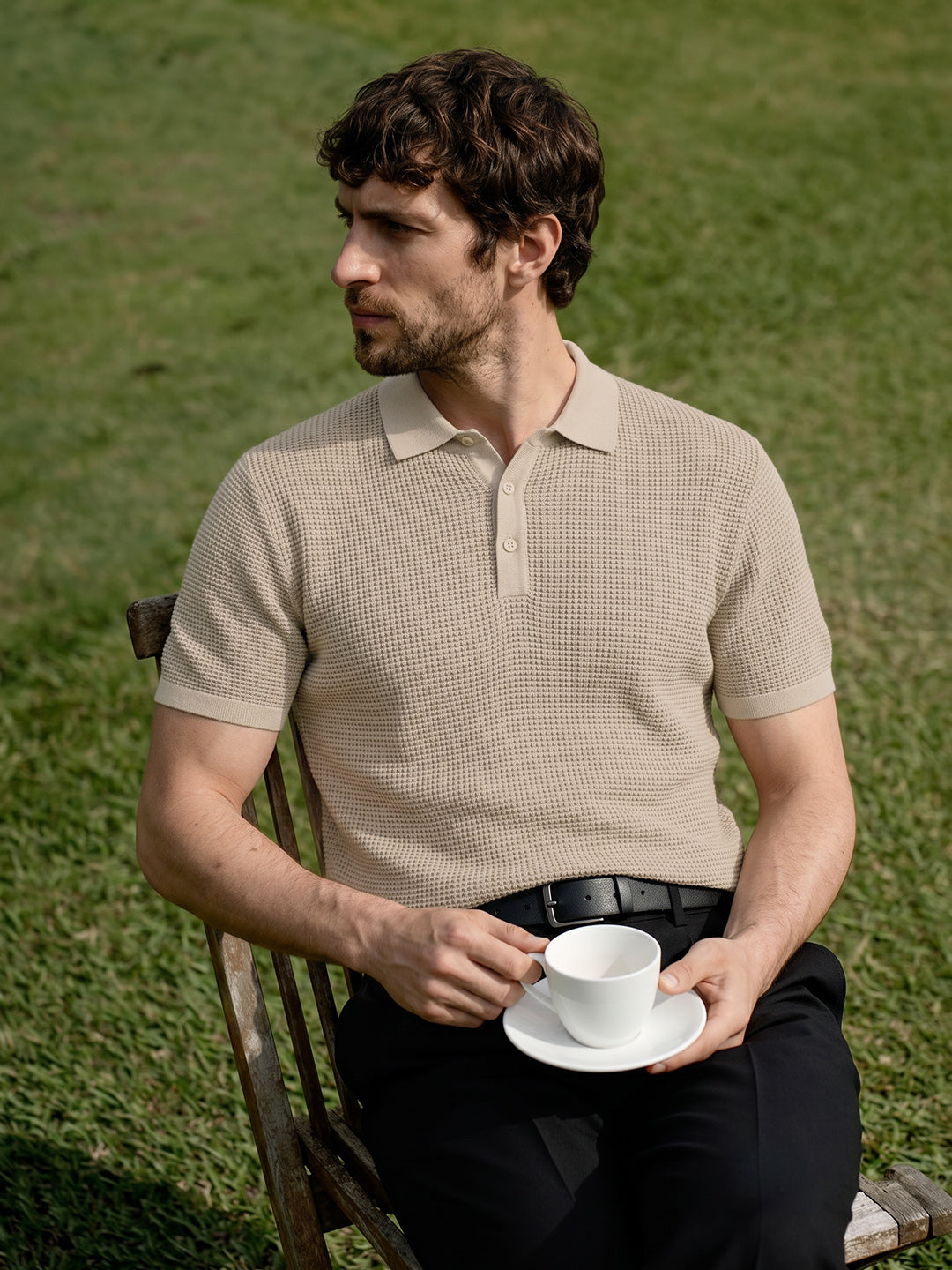 Men's Beige Slim Fit Solid Flat Knit Polo T-Shirt