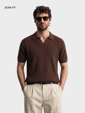 Men's Brown Slim Fit Solid Flat Knit Polo T-Shirt
