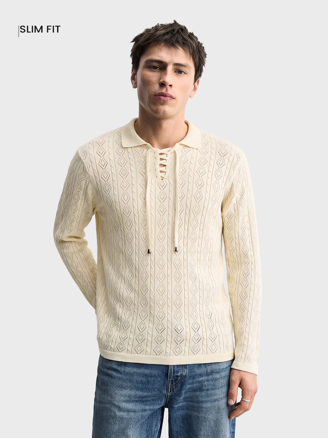 Men's Cream Slim Fit Solid Flat Knit Polos T-Shirt