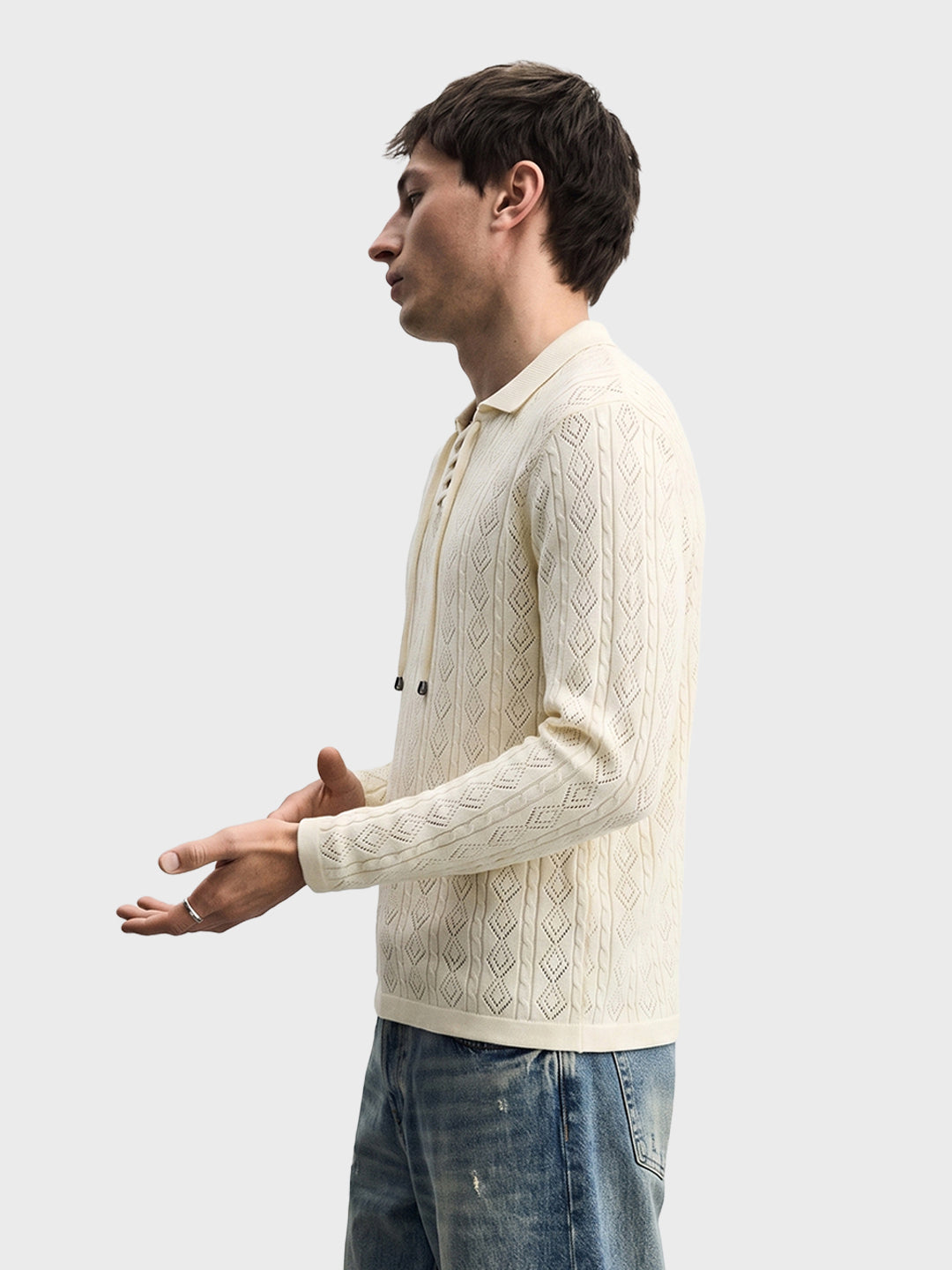 Men's Cream Slim Fit Solid Flat Knit Polos T-Shirt