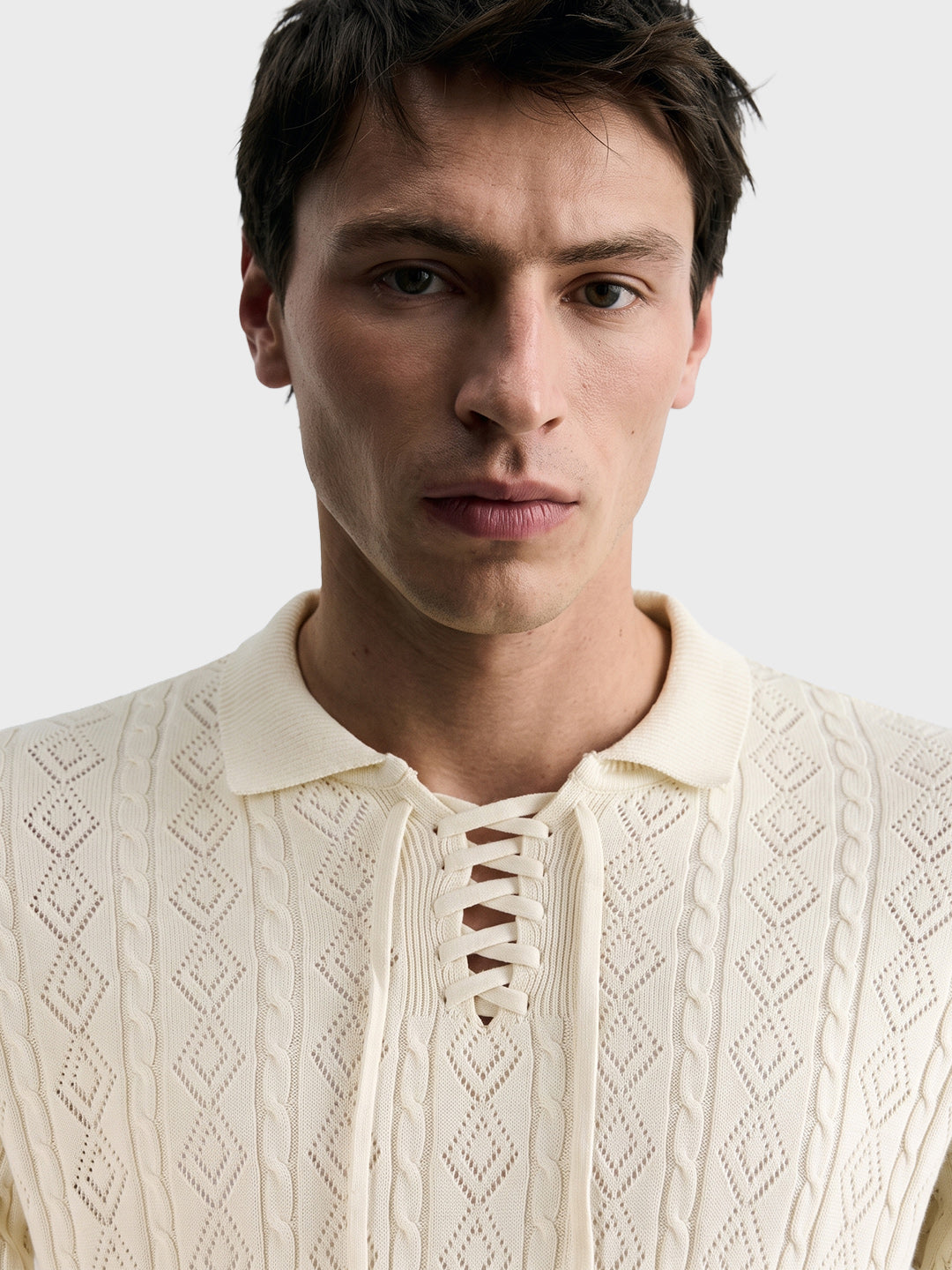 Men's Cream Slim Fit Solid Flat Knit Polos T-Shirt