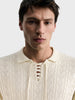 Men's Cream Slim Fit Solid Flat Knit Polos T-Shirt