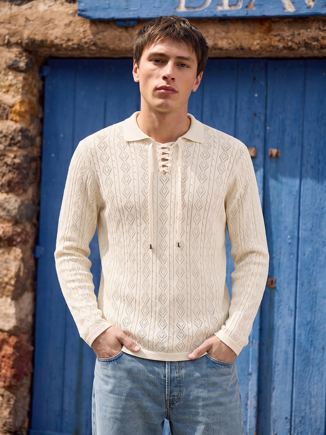 Men's Cream Slim Fit Solid Flat Knit Polos T-Shirt