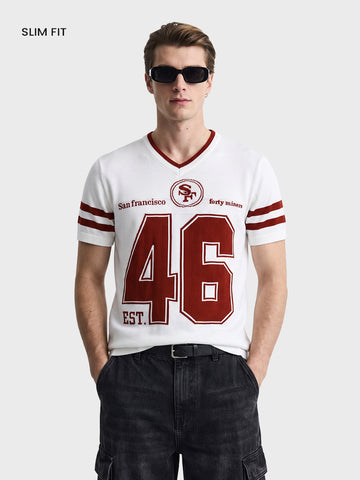 Men's White Slim Fit Printed Flat Knit Polo T-Shirt