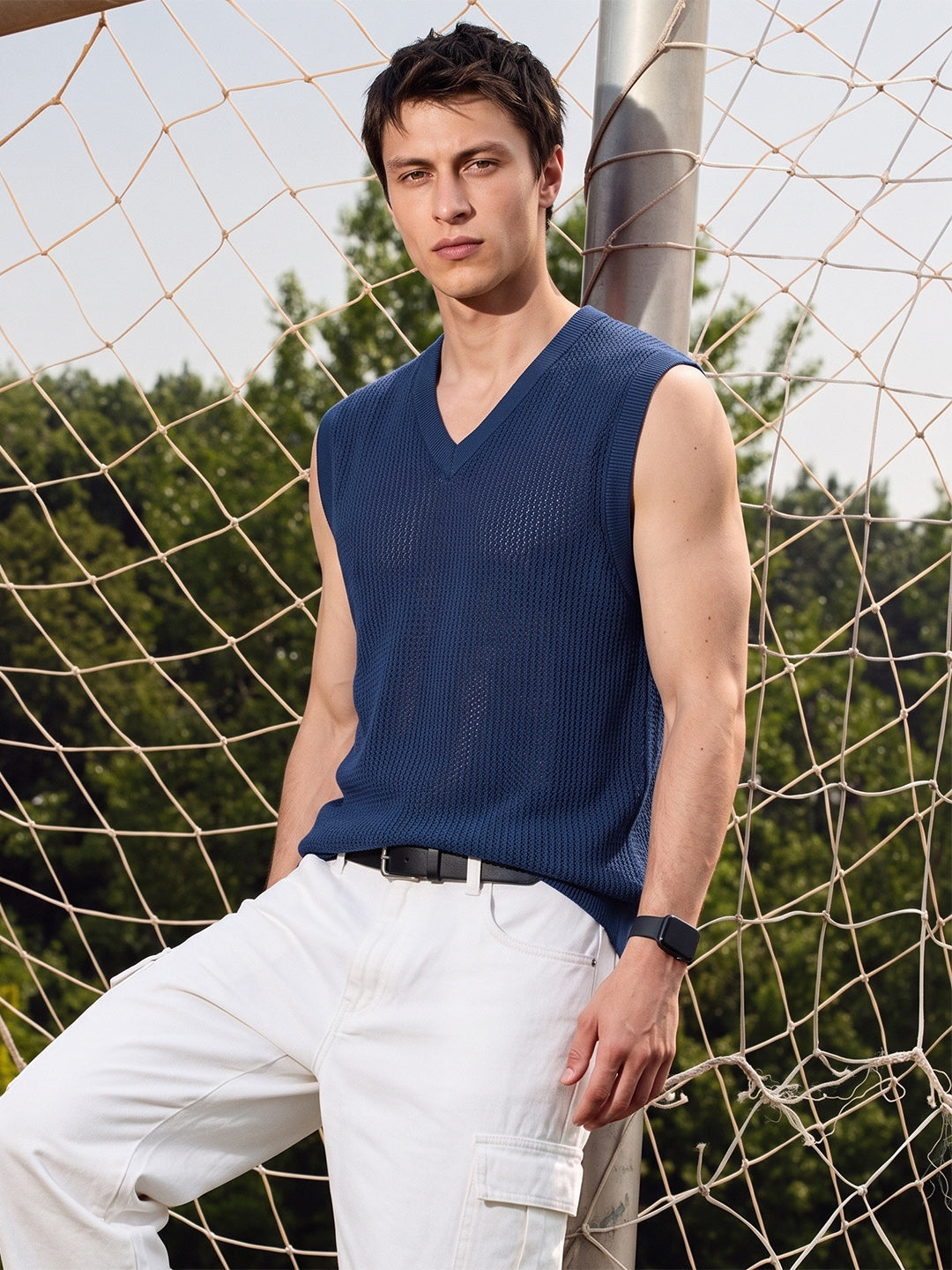 Men's Navy Blue Slim Fit Solid Flat Knit T-Shirt