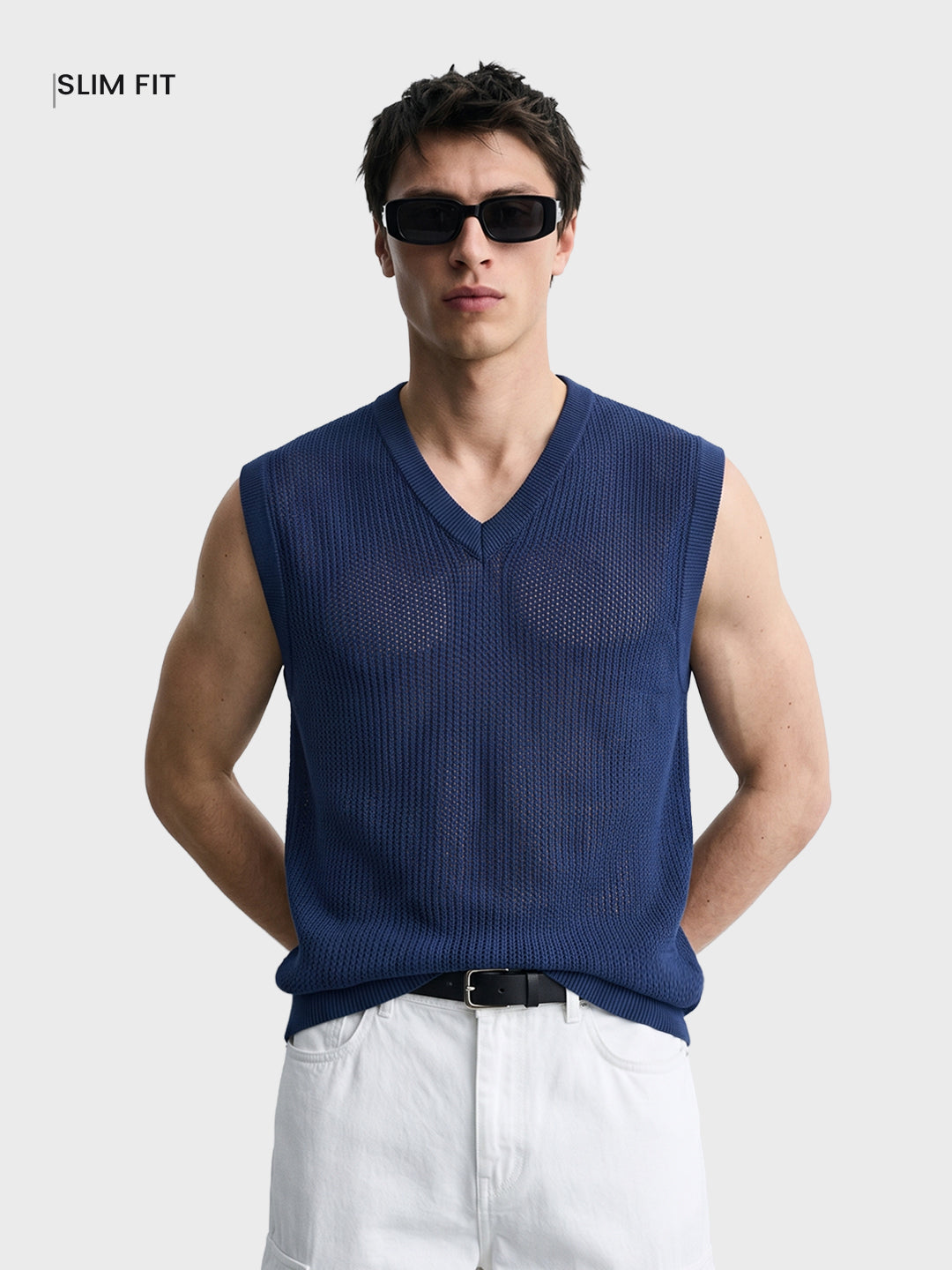 Men's Navy Blue Slim Fit Solid Flat Knit T-Shirt