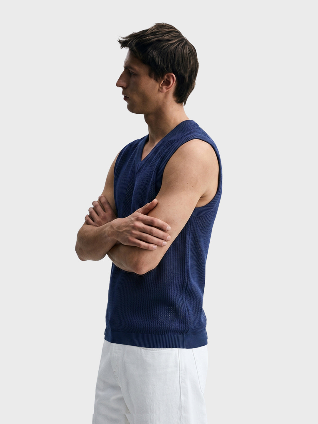 Men's Navy Blue Slim Fit Solid Flat Knit T-Shirt