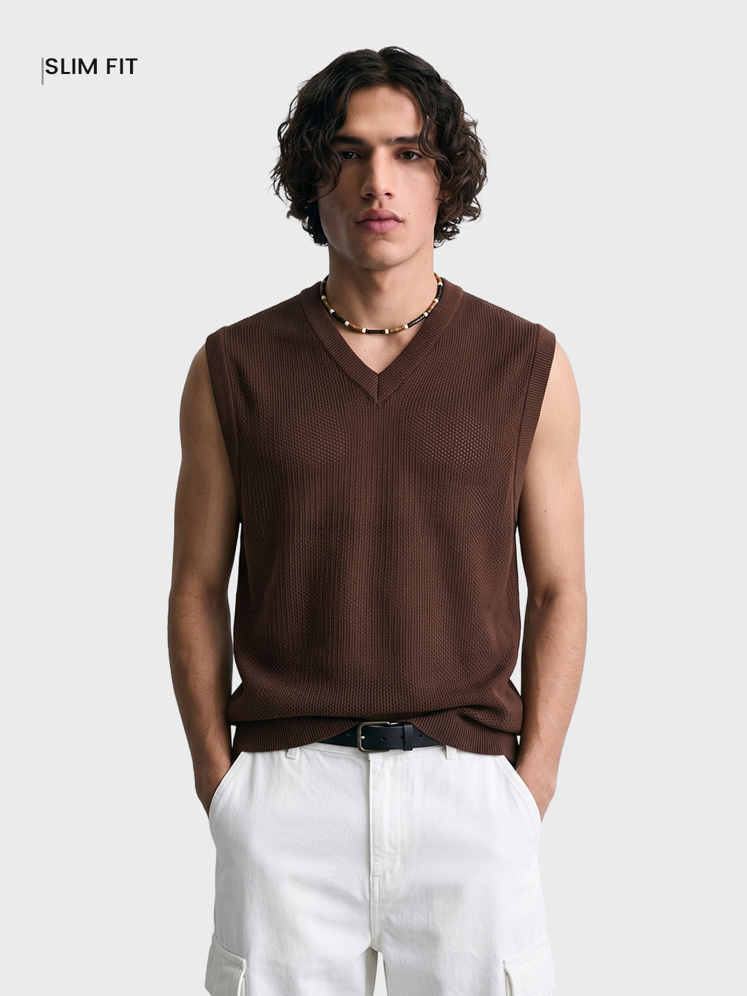 Men's Brown Slim Fit Solid Flat Knit  T-Shirt