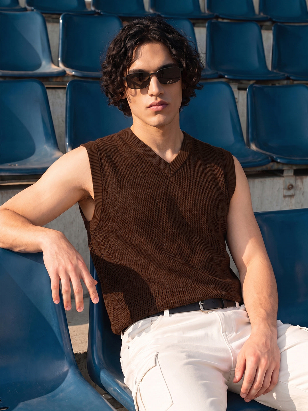 Men's Brown Slim Fit Solid Flat Knit  T-Shirt