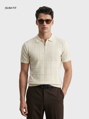 Men's Cream Slim Fit Solid Flat Knit Polos T-Shirt