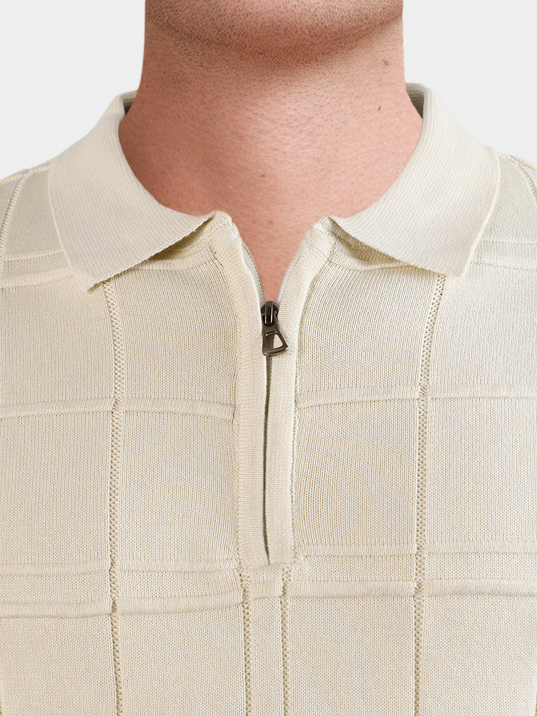 Men's Cream Slim Fit Solid Flat Knit Polos T-Shirt