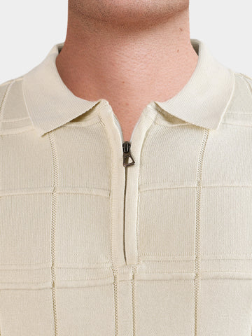 Men's Cream Slim Fit Solid Flat Knit Polos T-Shirt
