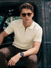 Men's Cream Slim Fit Solid Flat Knit Polos T-Shirt