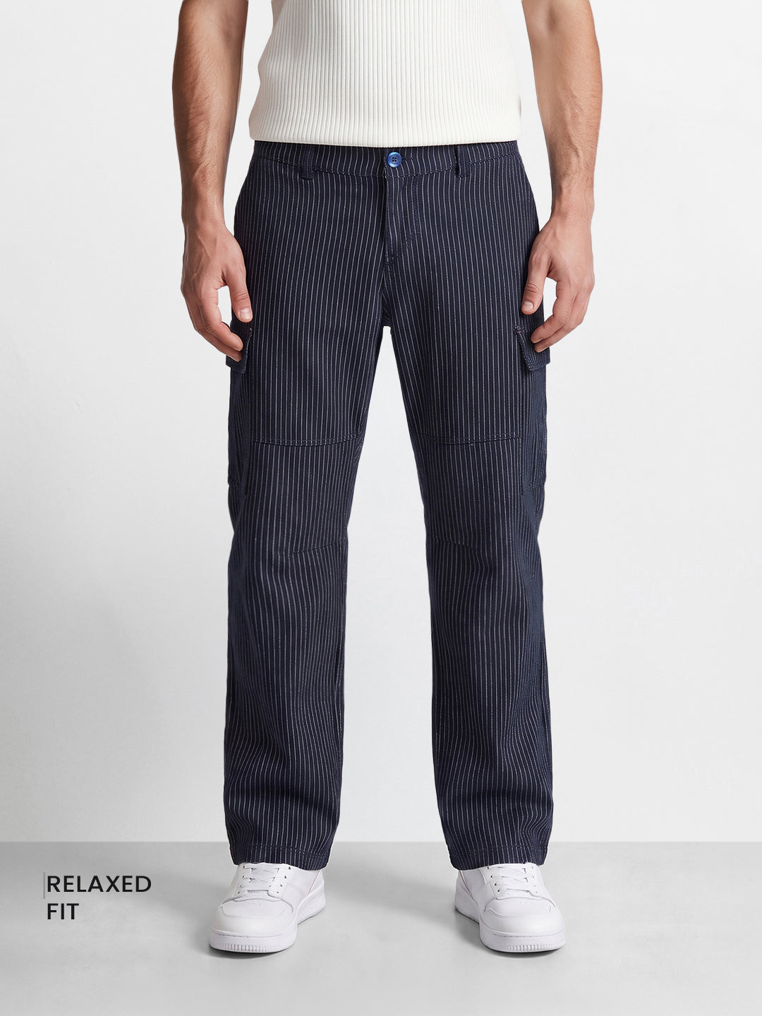 Men's Navy Blue Relaxed Fit Striped Casual Cargos