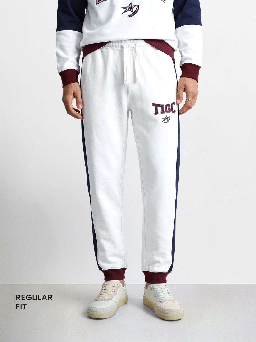 Men's White Regular Fit Colourblocked Casual Sweat Pants