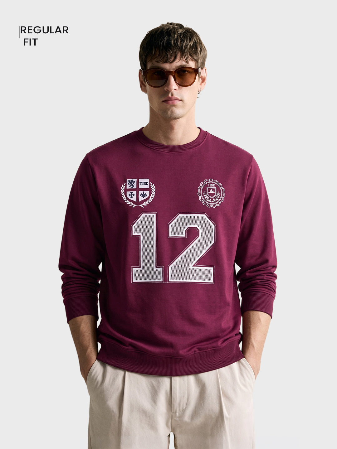 Men's Maroon Relaxed Fit Embroidered Casual Sweatshirt