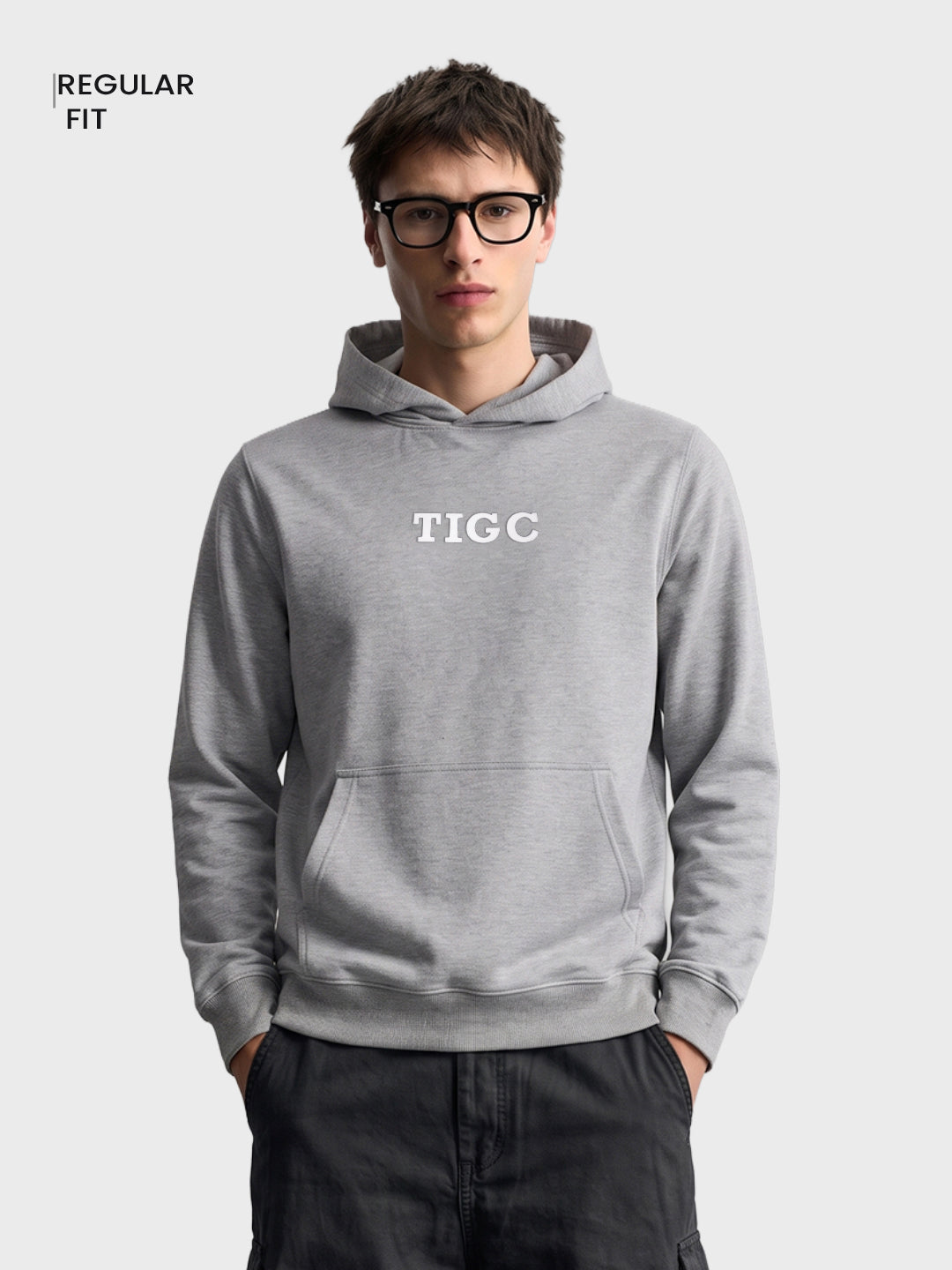 Men's Grey Regular Fit Solid Casual Hooded Sweatshirt