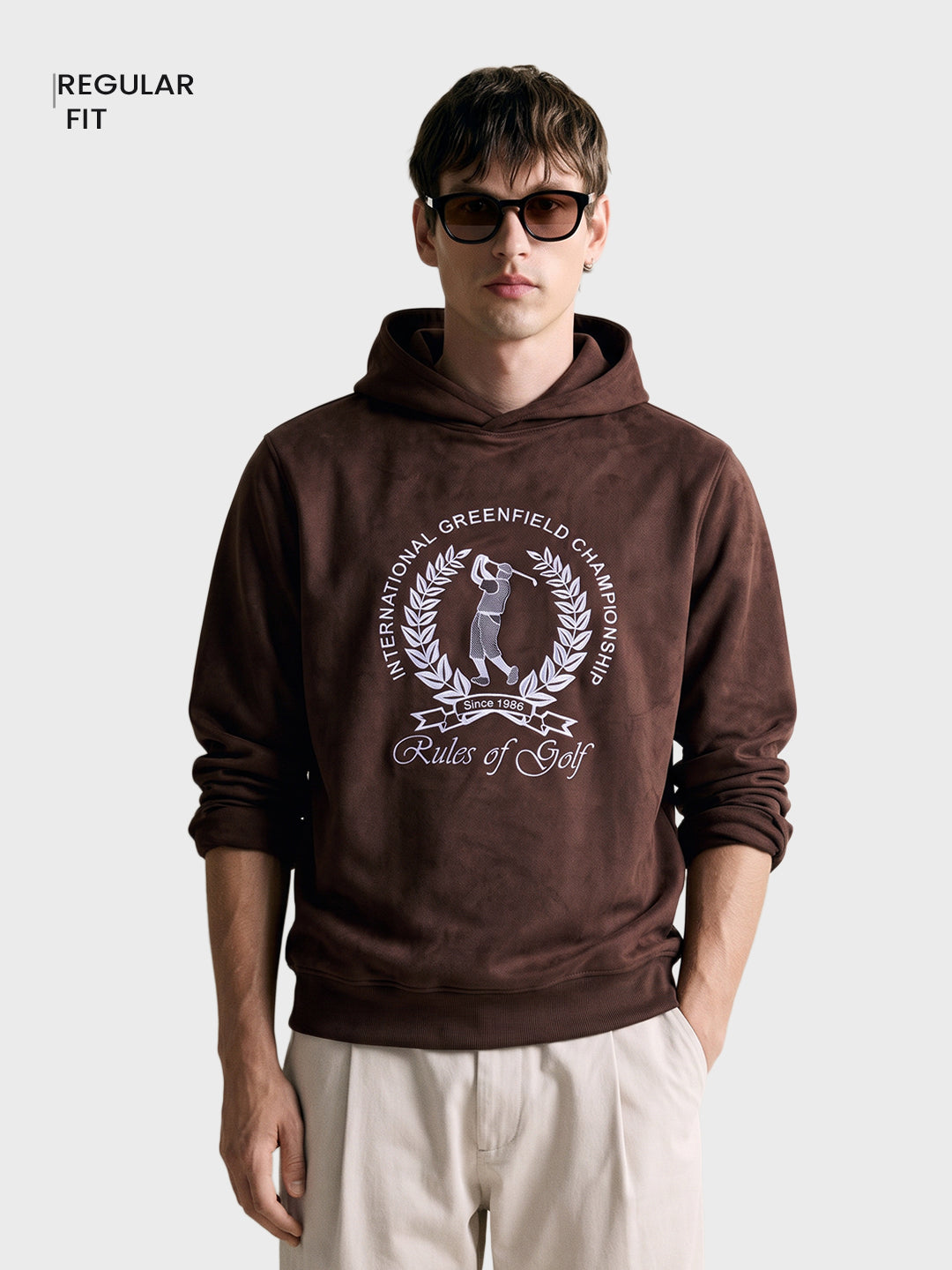 Men's Brown Regular Fit Embroidered Casual Sweatshirt