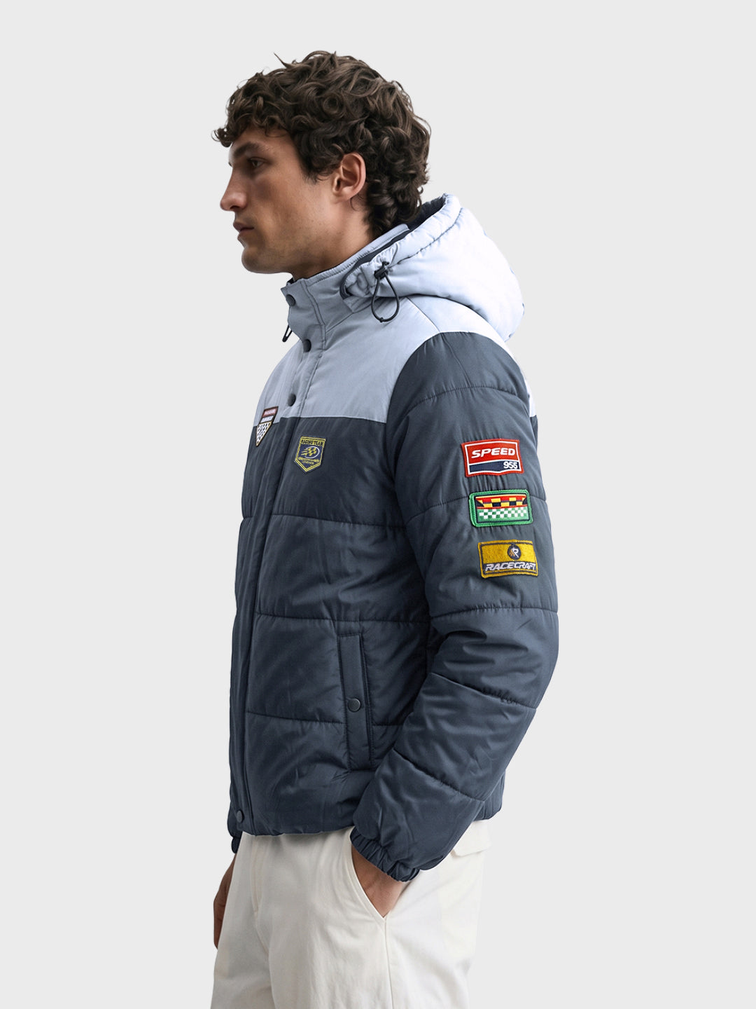 Men's Navy Blue Regular Fit Colourblocked Casual Puffer Jacket