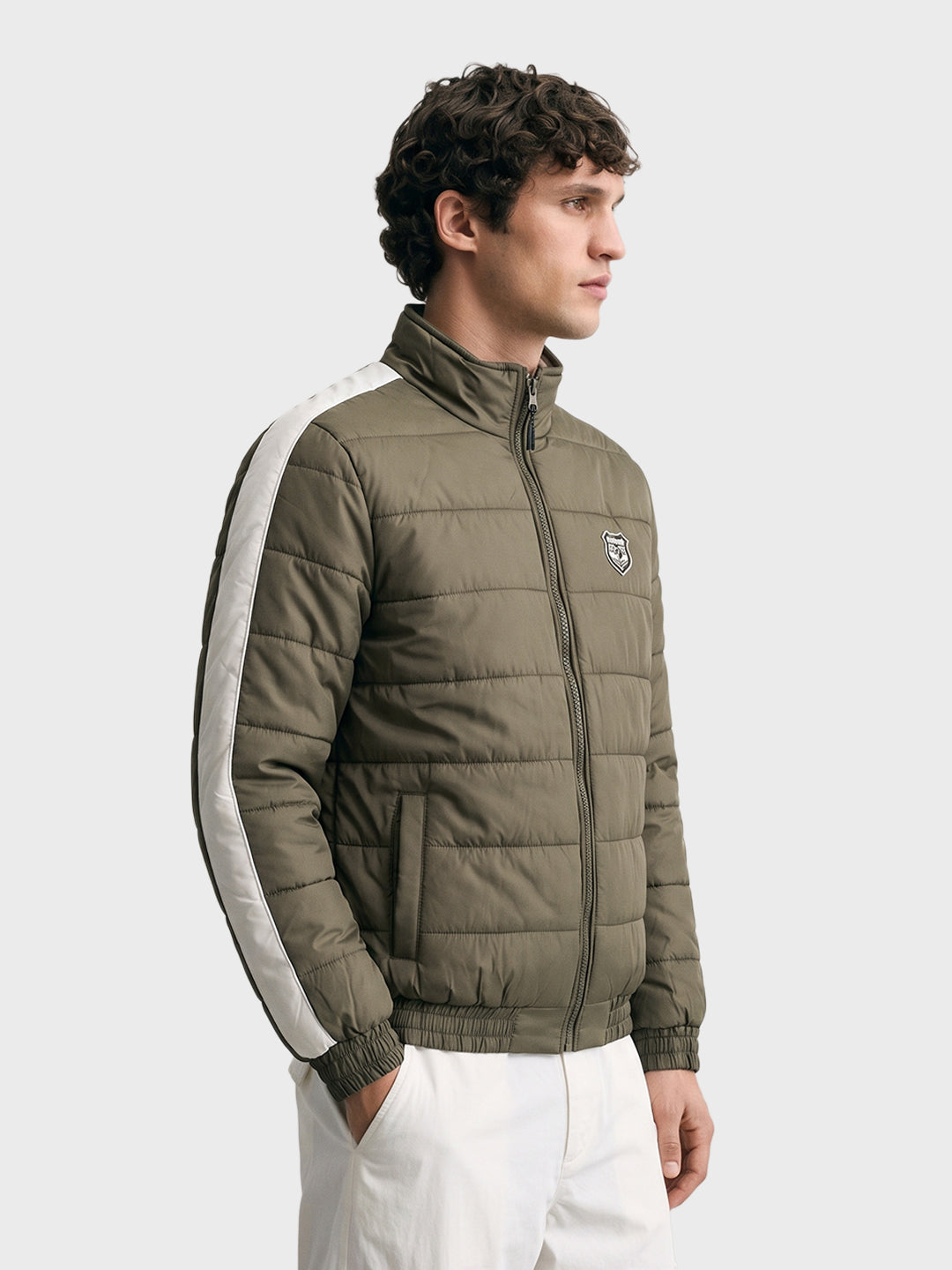 Men's Olive Regular Fit Solid Casual Puffer Jacket