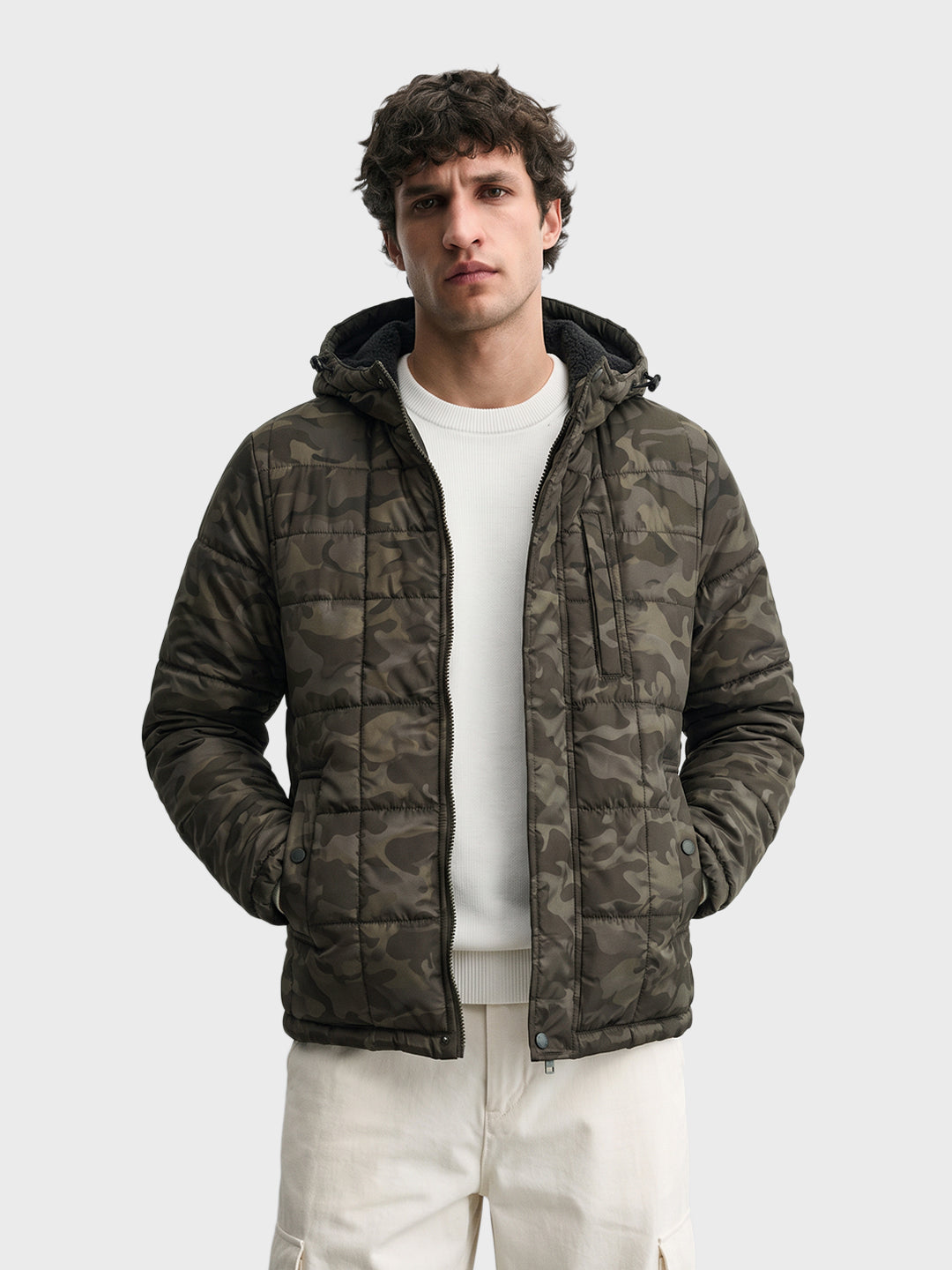 Men's Olive Regular Fit Camouflage Printed Casual Puffer Jacket