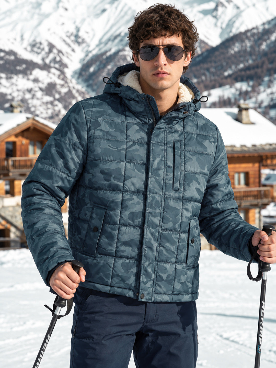 Men's Grey Regular Fit Printed Casual Puffer Jacket