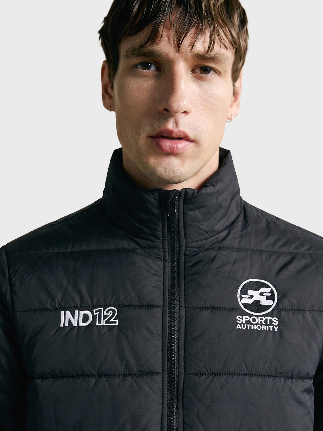 Men's Black Regular Fit Embroidered Casual Puffer Jacket